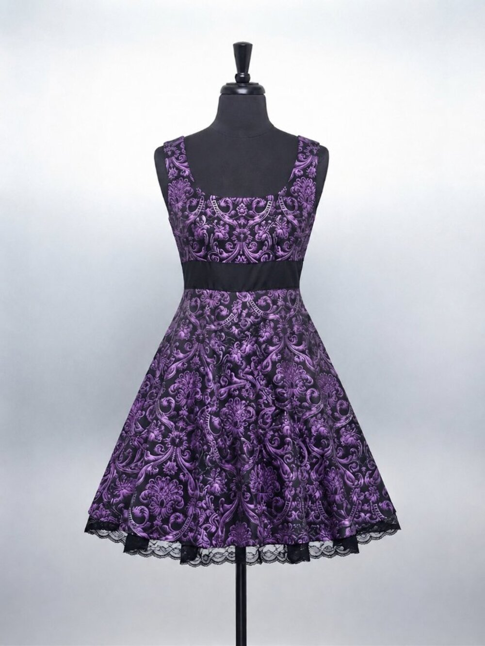 Gloomth Purple Black Damask Victorian Gothic Lolita Flare Dress XL